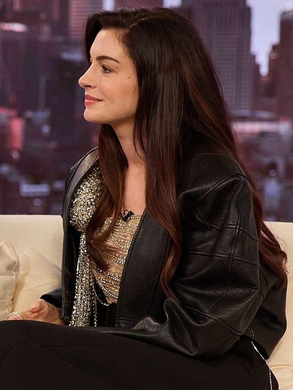 The Drew Barrymore Show 2026 Anne Hathaway Black Leather Jacket