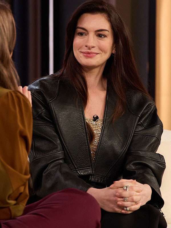 Anne Hathaway The Drew Barrymore Show 2026 Black Leather Jacket