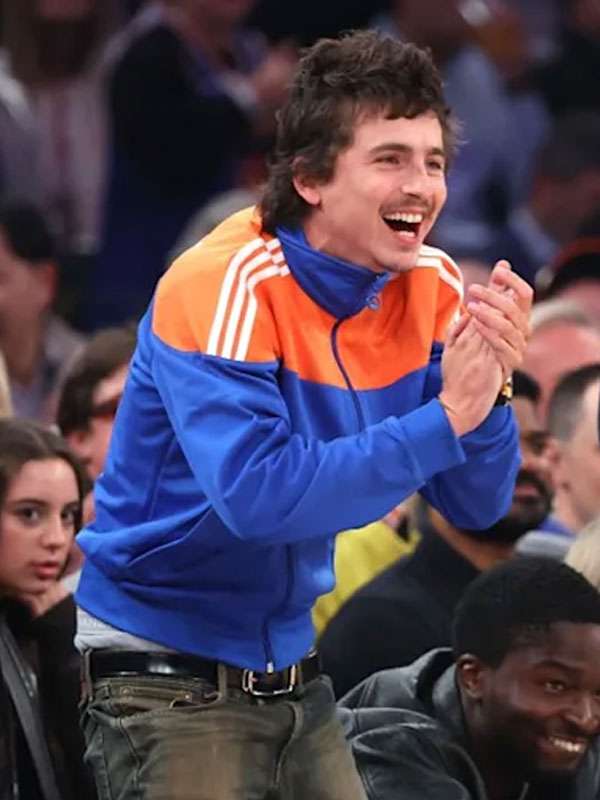Hawks vs Knicks Timothée Chalamet Blue and Orange Track Jacket