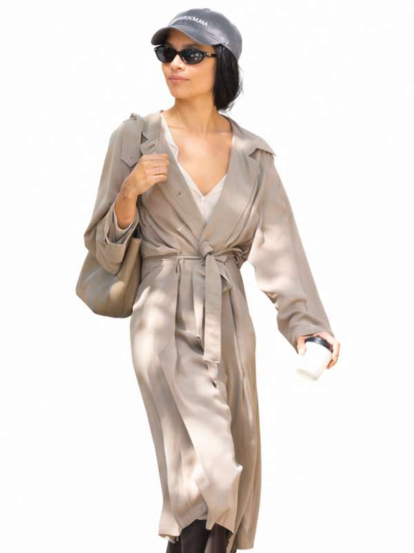 Shop Zoë Kravitz Street Style Grey Trench Coat