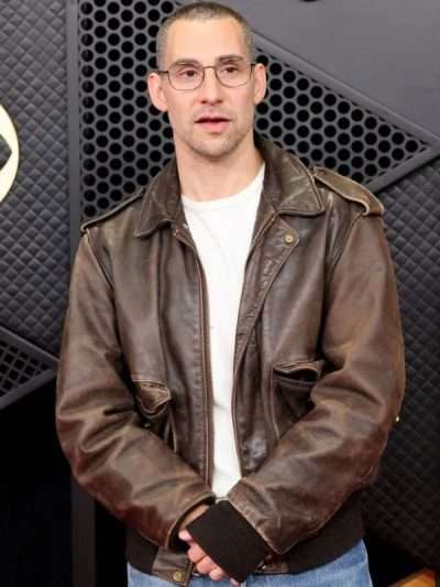 Grammy 2026 Jack Antonoff Brown Leather Bomber Jacket