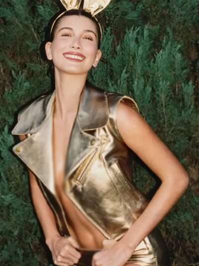 2026 Hailey Bieber Metallic Gold Leather Vest