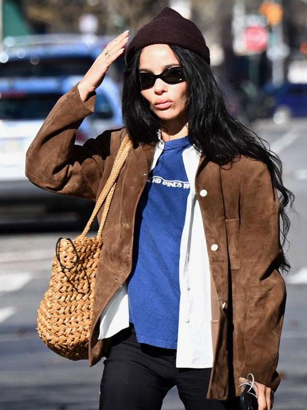 NYC 2026 Zoe Kravitz Brown Suede Leather Jacket