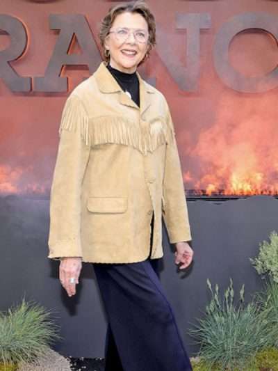 Annette Bening Dutton Ranch Premiere NYC 2026 Beige Suede Leather Jacket