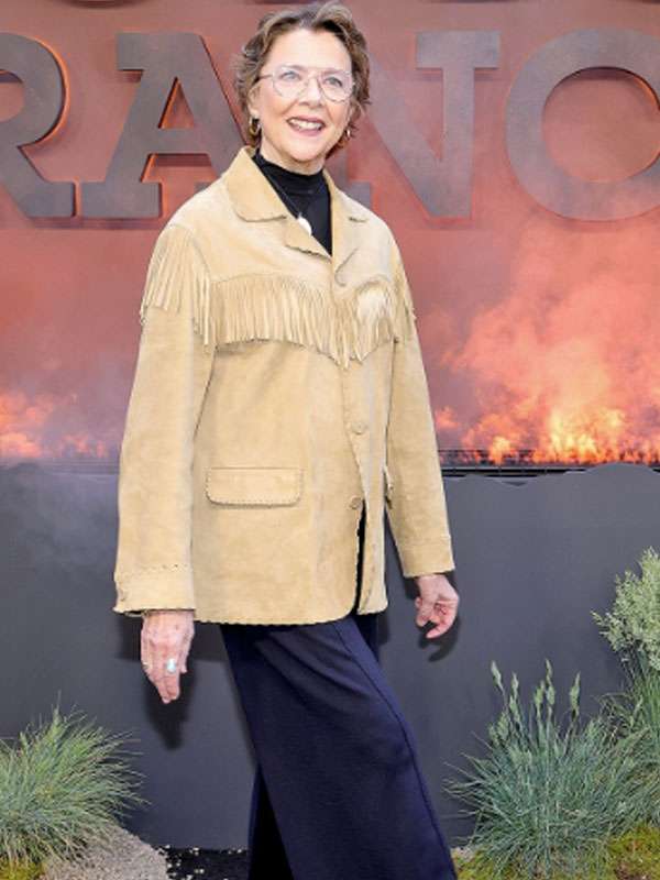 Annette Bening Dutton Ranch Premiere NYC 2026 Beige Suede Leather Jacket