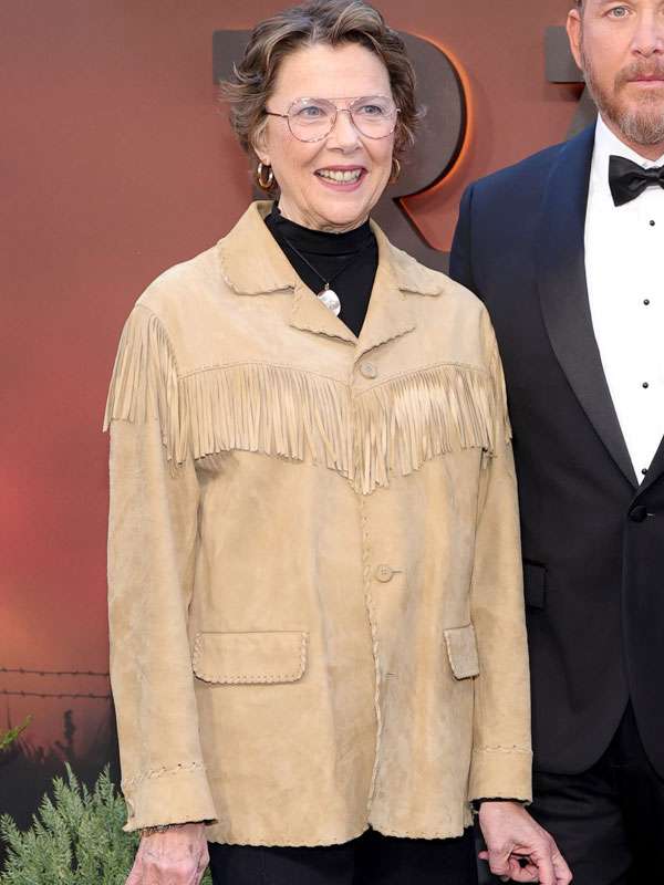 Annette Bening Dutton Ranch Premiere NYC 2026 Beige Suede Leather Jacket