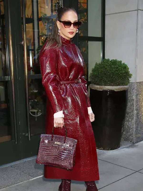 Jennifer Lopez Burgundy Leather Coat