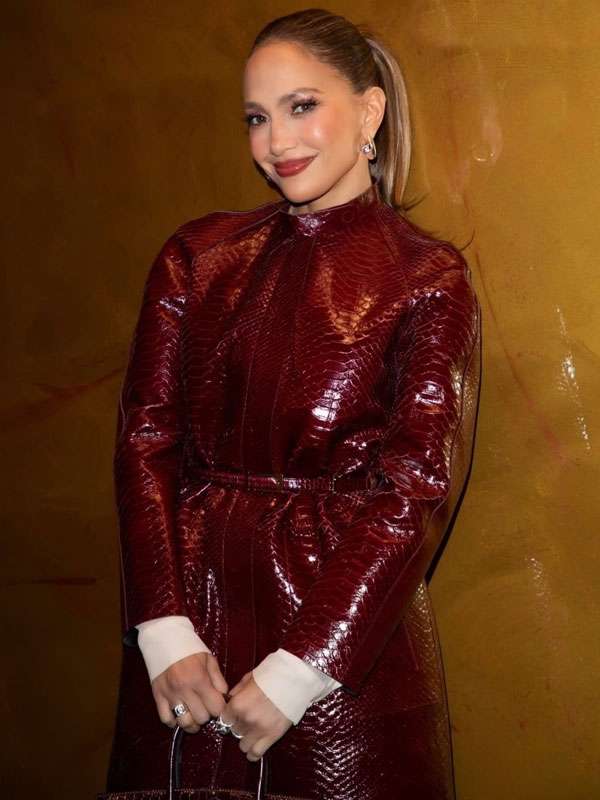 Jennifer Lopez Burgundy Snakeskin Leather Coat