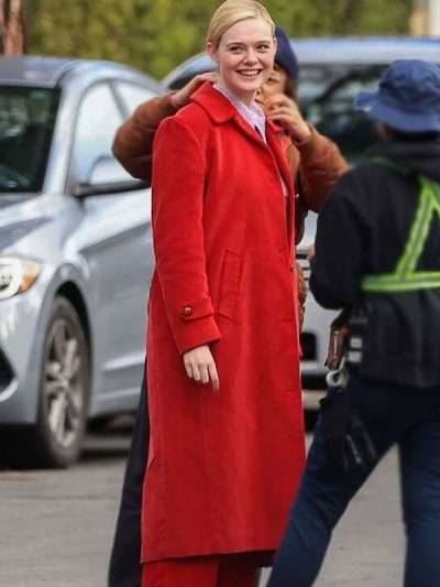Margo's Got Money Troubles 2026 Elle Fanning Red Long Coat