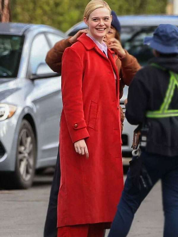 Margo's Got Money Troubles 2026 Elle Fanning Red Long Coat