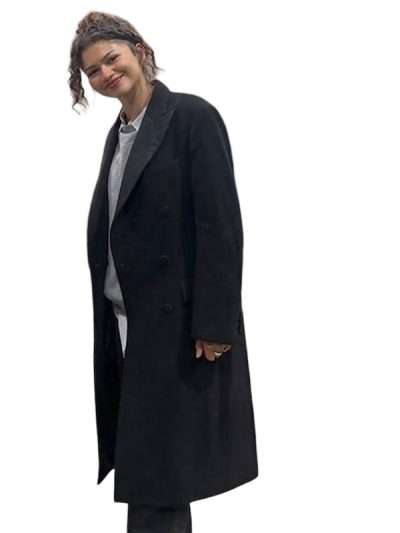 Inspired By: Zendaya External Material: Wool Fabric Front: Buttoned Closure Collar: Lapel Collar Color: Black Pockets: Two at Front and One Inside Sleeves: Full-length Sleeves