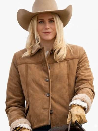 Inspired By: Ellyn Jameson External Material: Suede Leather Inner: Shearling Lining Front: Buttoned Closure Collar: Shirt Style Collar Color: Brown Pockets: Two Outside and One Inside Sleeves: Full-Length Sleeves