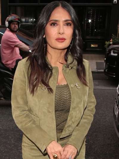 Gucci Dinner London Salma Hayek Green Suede Jacket