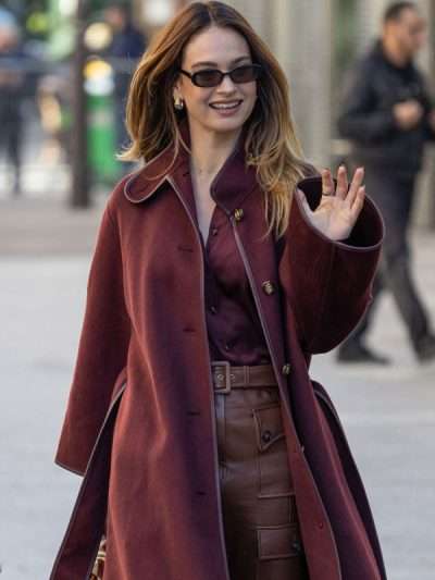 Paris Fashion Week 2026 Lily James Burgundy Long Coat
