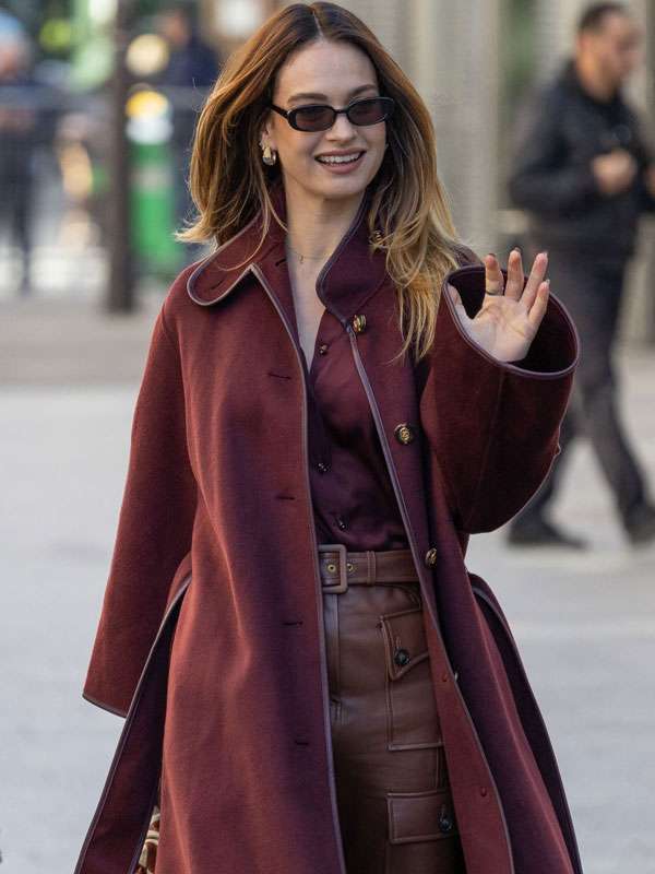Paris Fashion Week 2026 Lily James Burgundy Long Coat