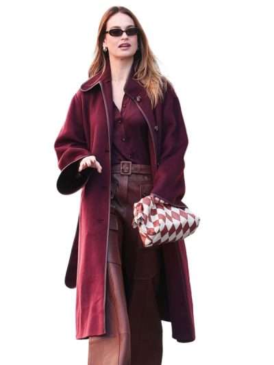 Lily James Paris Fashion Week 2026 Burgundy Coat