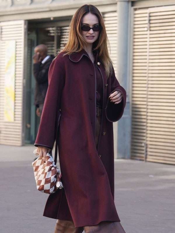 Paris Fashion Week 2026 Lily James Burgundy Long Wool Coat