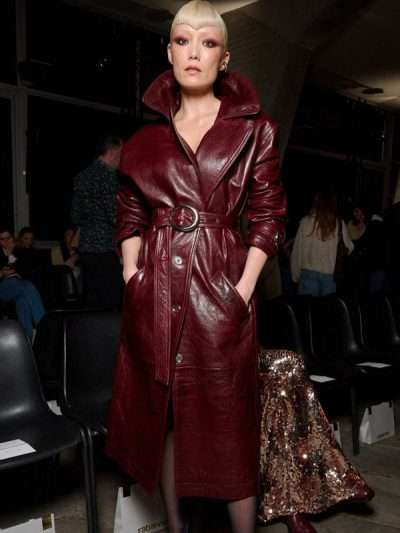 Rabanne Paris FW Show 2026 Burgundy Leather Trench Coat