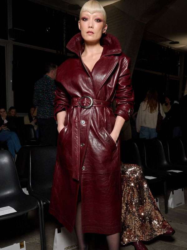 Rabanne Paris FW Show 2026 Burgundy Leather Trench Coat