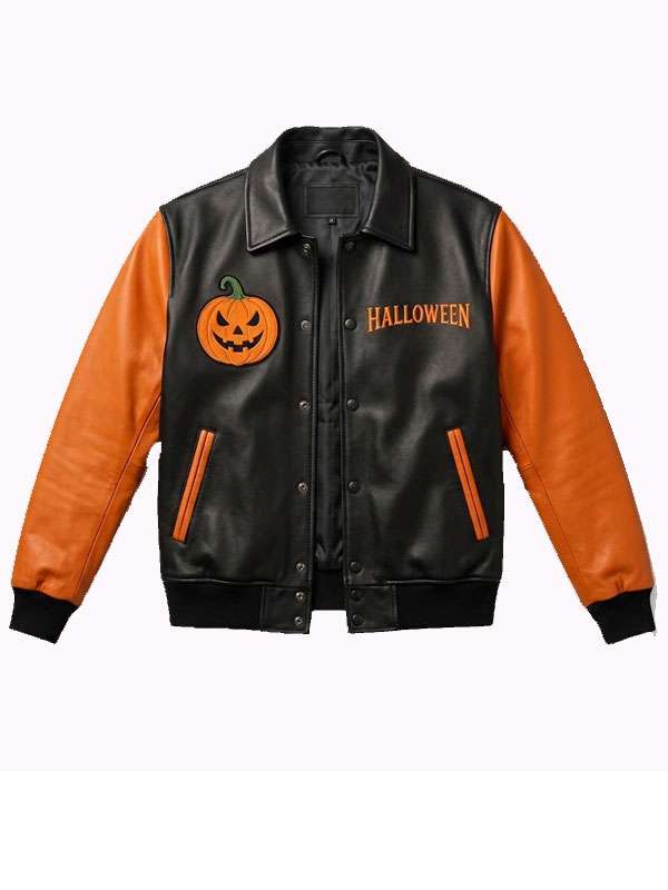 Black and Orange Pumpkin Patch Leather Jacket