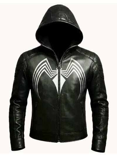 Spider Black Leather Hooded Jacket