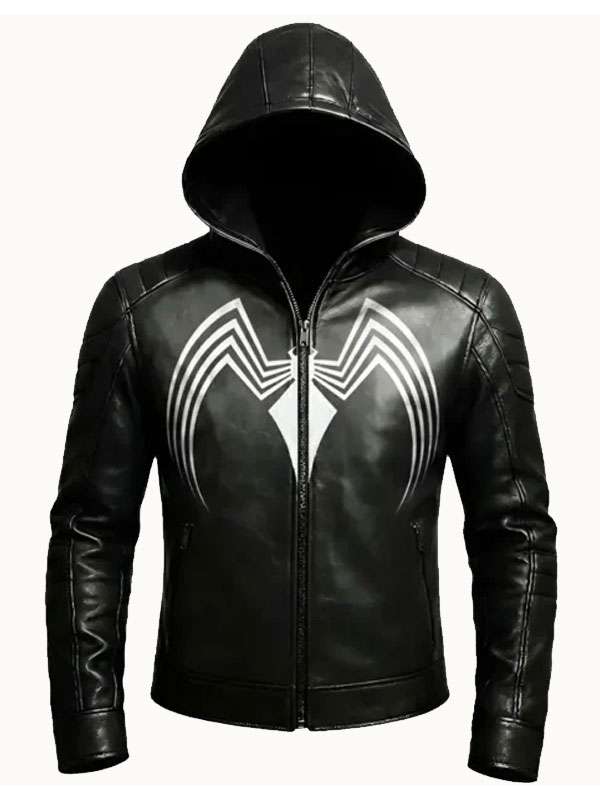 Spider Black Leather Hooded Jacket
