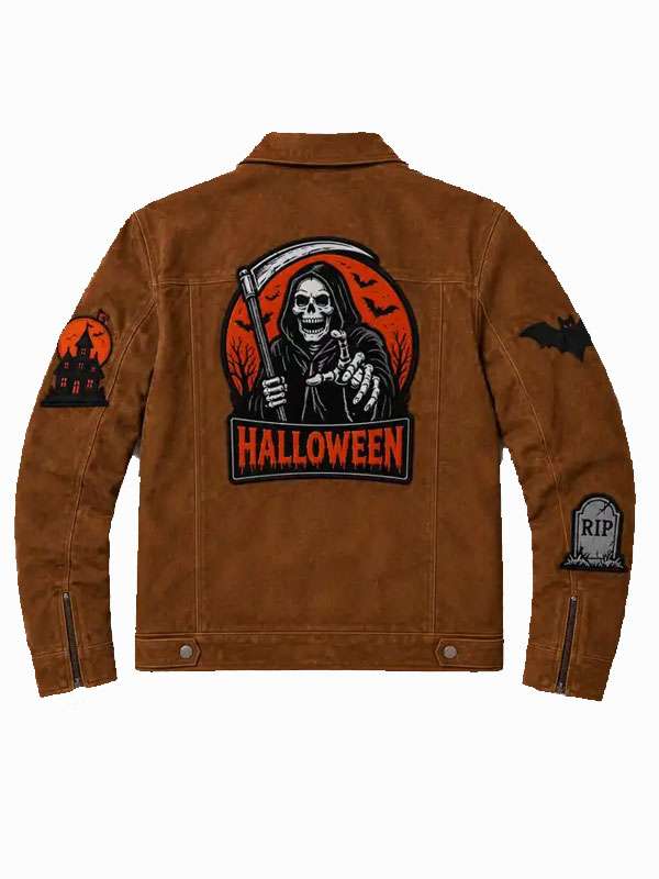 Creepy Trick or Treat Patches Brown Suede Jacket