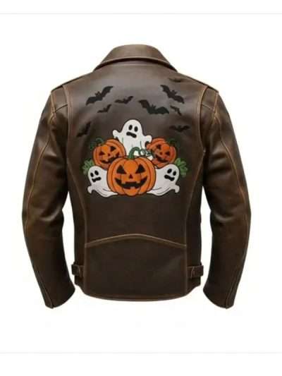 Spooky Ghost and Pumpkin Patches Brown Leather Jacket