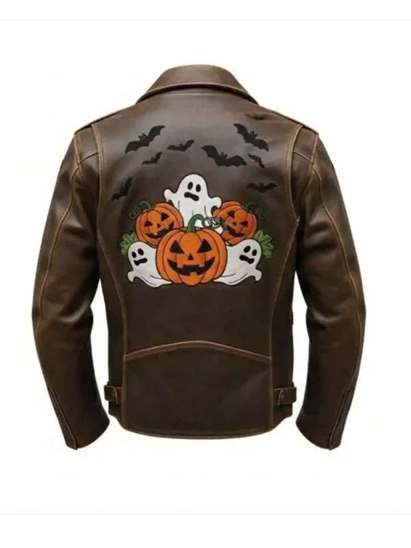 Spooky Ghost and Pumpkin Patches Brown Leather Jacket