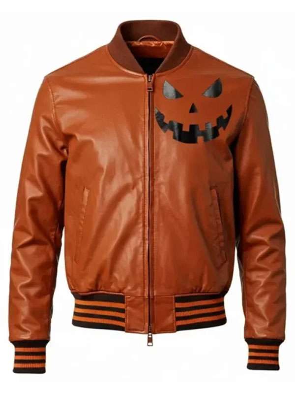 Jack o Lantern Orange Leather Bomber Jacket