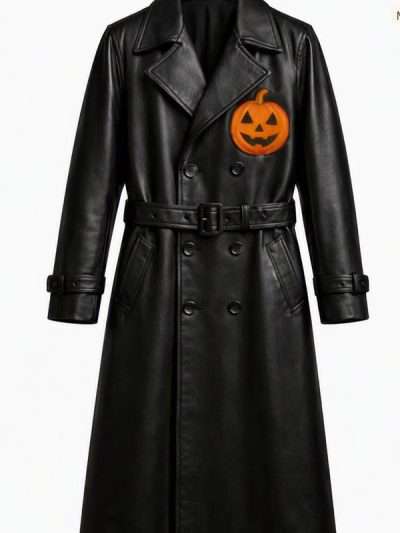 Halloween Pumpkin Black Leather Trench Coat