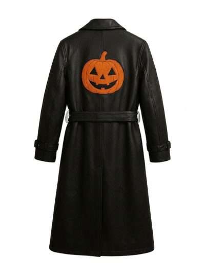 Halloween Jack-o’-lantern Pumpkin Black Leather Trench Coat