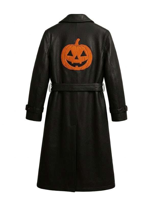 Halloween Jack-o’-lantern Pumpkin Black Leather Trench Coat