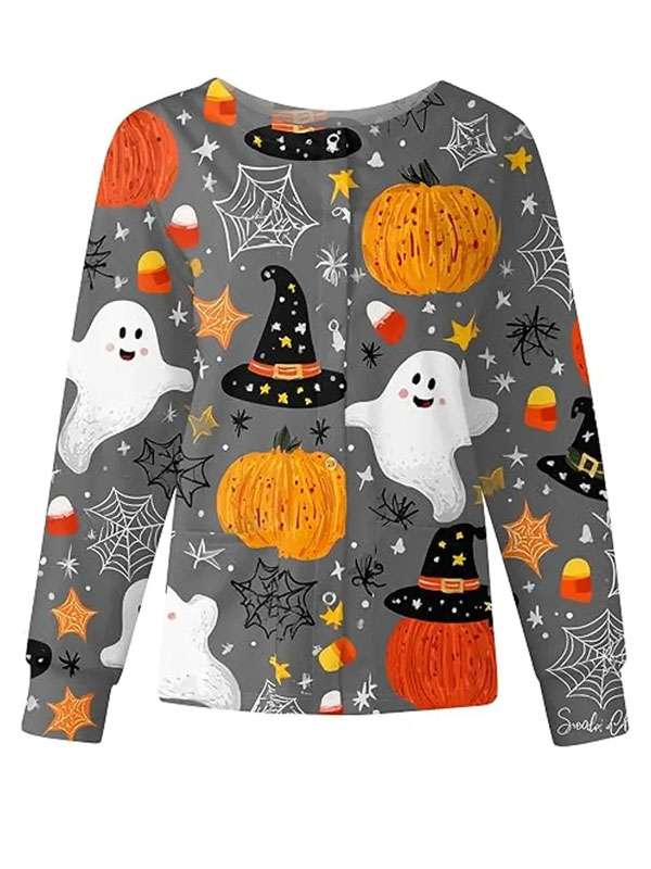 Halloween Pumpkin and Ghost Scrub Jacket