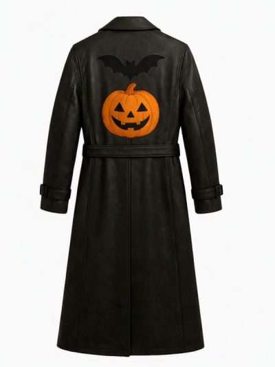 Jack o Lantern Pumpkin & Bat Gothic Halloween Black Leather Coat