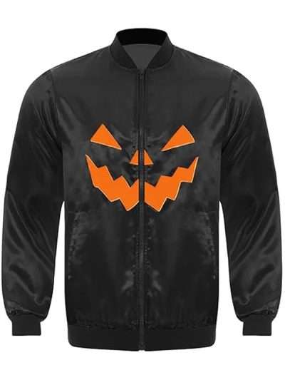 Pumpkin Scary Black Satin Bomber Jacket