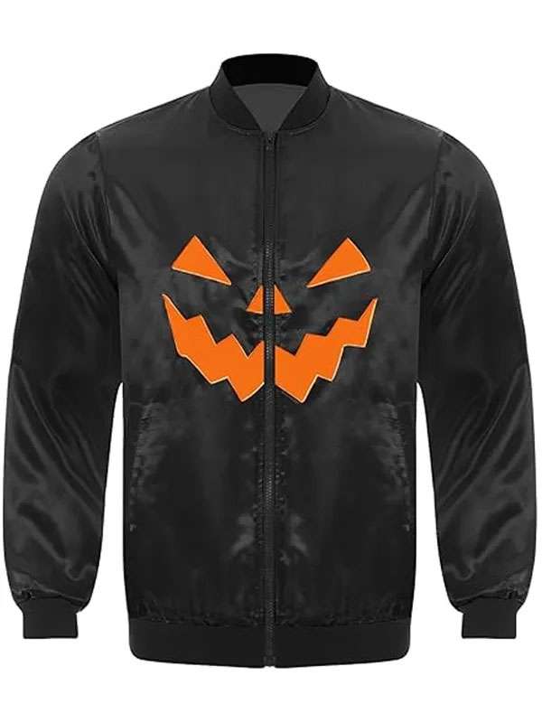 Pumpkin Scary Black Satin Bomber Jacket