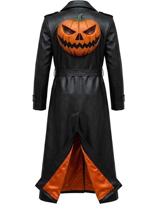Halloween Pumpkin Jack o Lantern Long Leather Coat