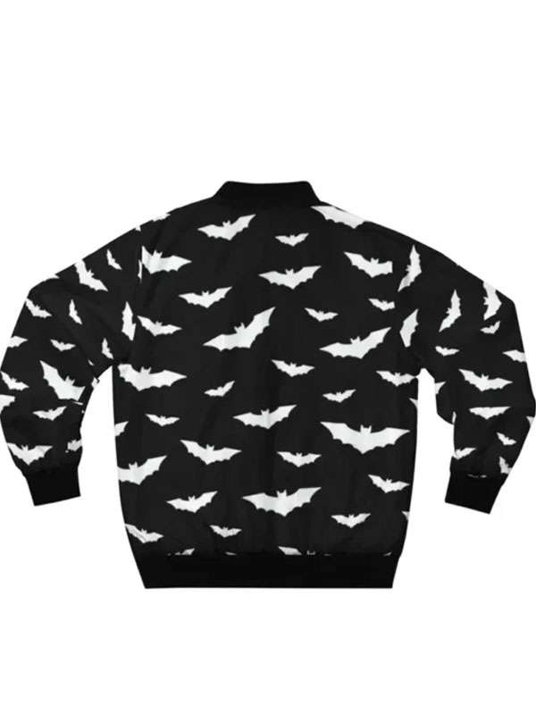 White Bat Graphic Black Satin Bomber Jacket