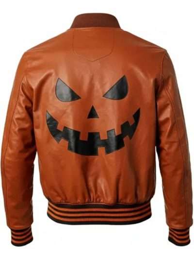 Halloween Jack o Lantern Orange Leather Bomber Jacket