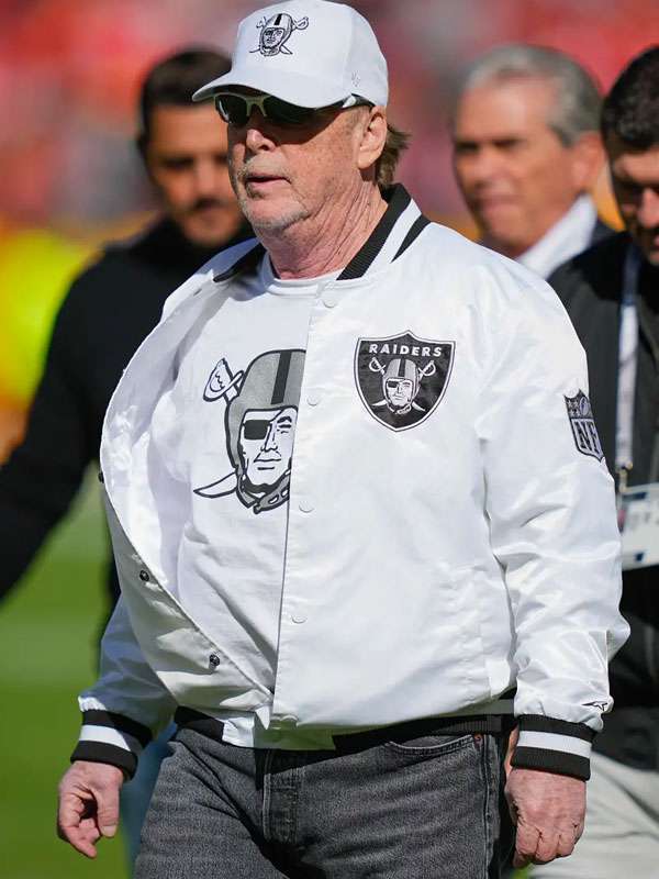 Mark Davis Las Vegas Raiders White Varsity Jacket