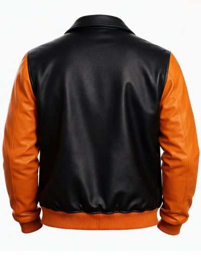 Black and Orange Pumpkin Patch Leather Bomber Jacket