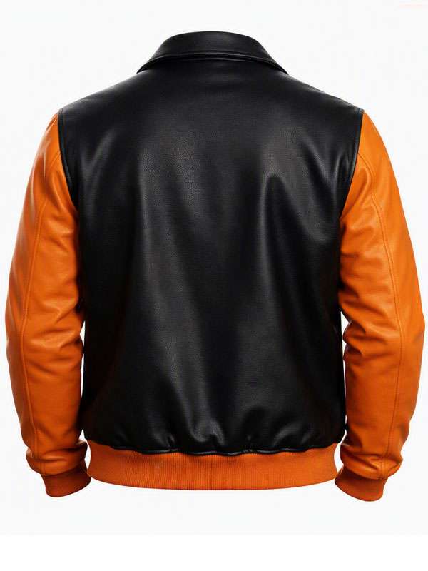 Black and Orange Pumpkin Patch Leather Bomber Jacket