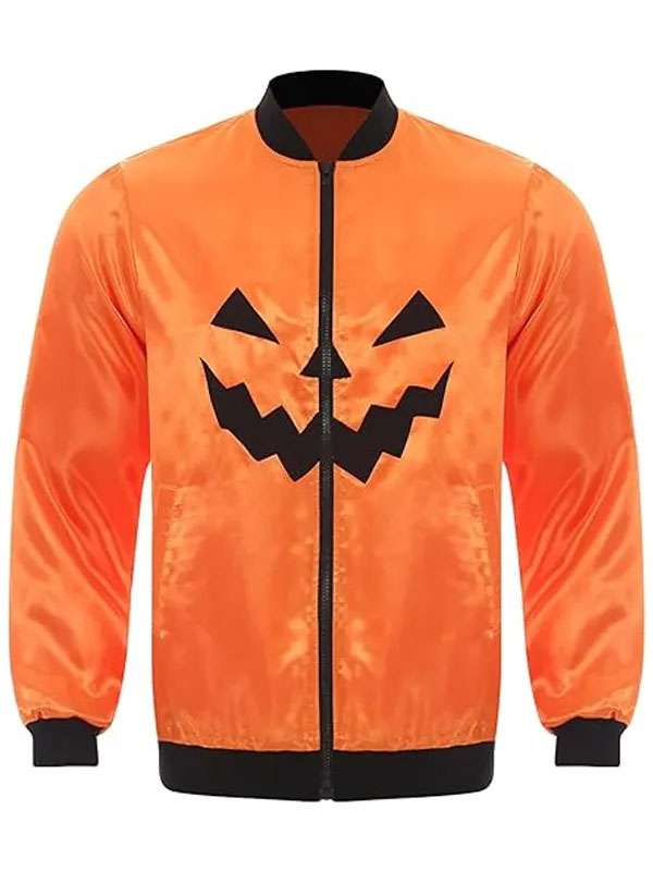 Halloween Orange Pumpkin Satin Bomber Jacket for Men and Women