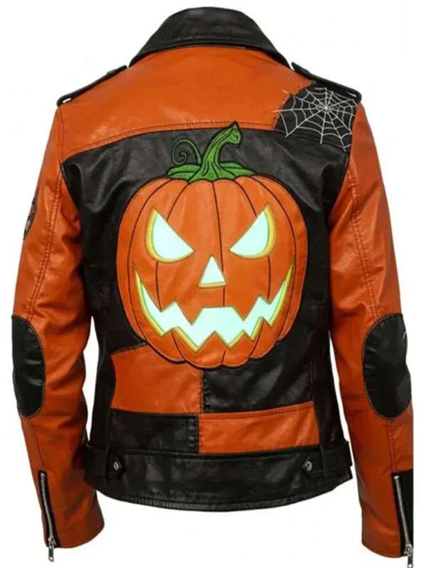 Patchwork Black and Orange Biker Leather Jacket For Halloween