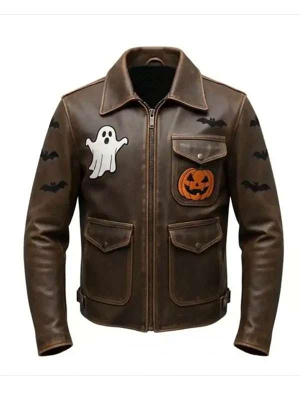 Halloween Distressed Brown Leather Jacket with Ghost & Pumpkin Patches