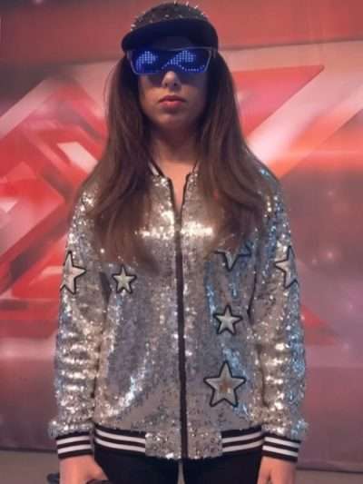 Celeste Dring SNL UK S02 Silver Sequin Bomber Jacket
