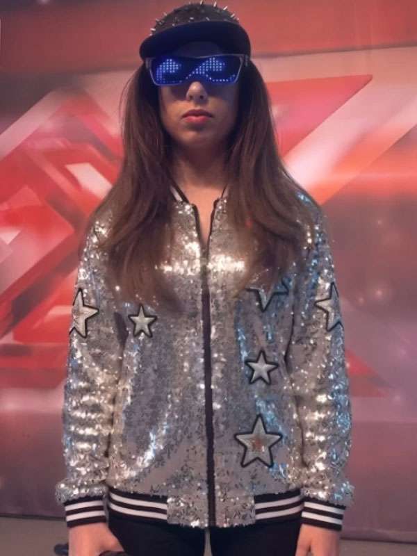 Celeste Dring SNL UK S02 Silver Sequin Bomber Jacket