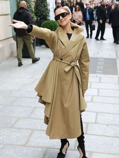 Celine Dion Paris 2026 Asymmetric Belted Tan Trench Coat