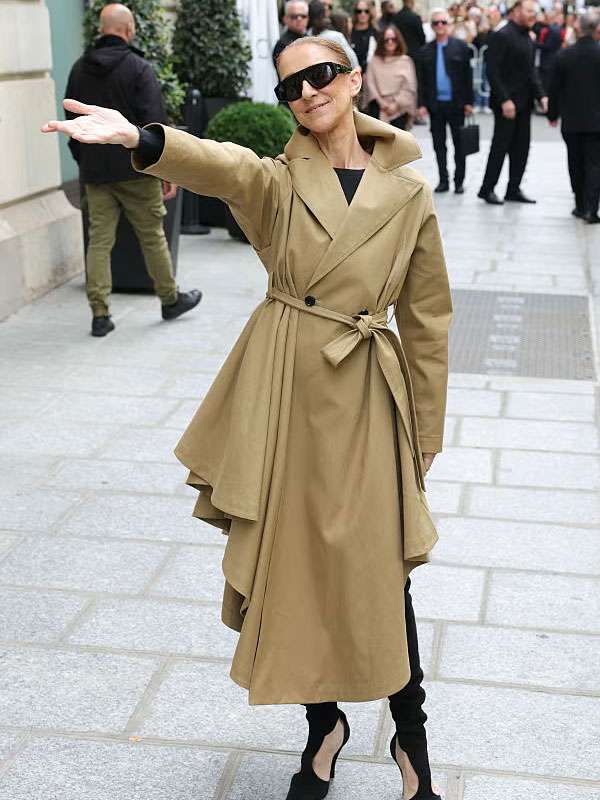 Celine Dion Paris 2026 Asymmetric Belted Tan Trench Coat